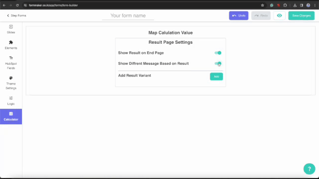 Calculation based result page with customizable option